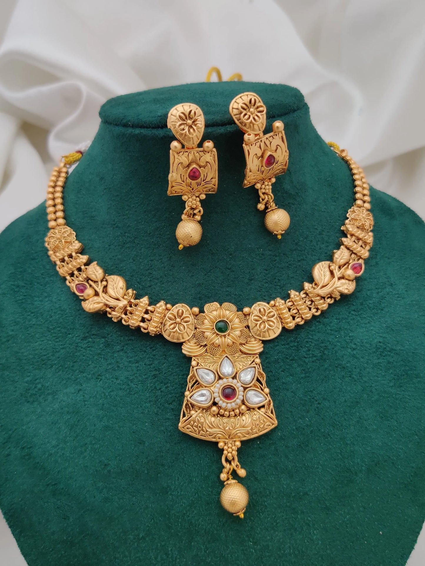 Antique Brass High Gold Necklace Set With Earrings Jewellery Combo Set