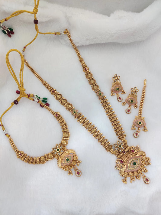 Rajwadi Jewellery Combo Set With Long Necklace, Hasli Necklace, Earrings And Maang Tika