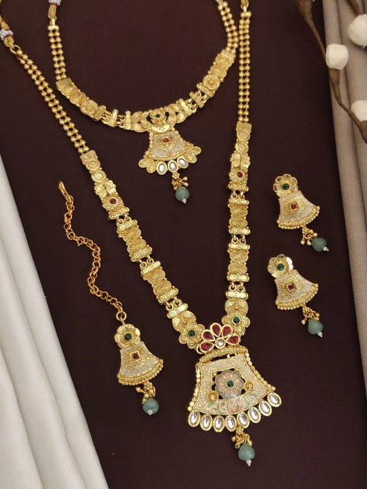 Rajwadi Jewellery Combo Set With Necklaces, Earring And Maang Tikka