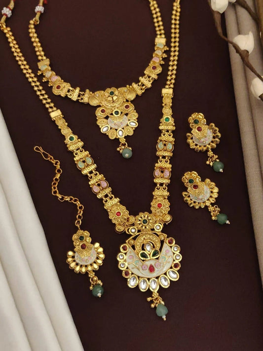 Rajwadi Nacklace Combo Set Earring And Maang Tikka | Jewellery Combo Set For Wedding