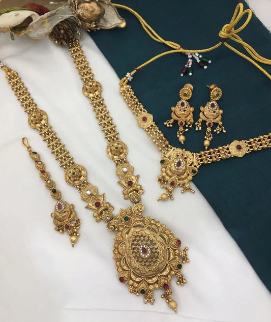 Gold Jewellery Combo Set | Antique Nacklace Combo Set With Earrings And Maang Tikka