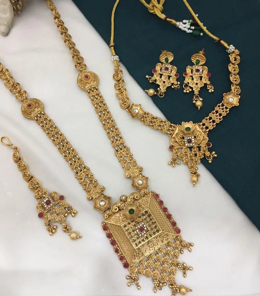Treditional Rajwadi Necklace Combo Set With Earrings, Hasli Necklace and Maang Tikka