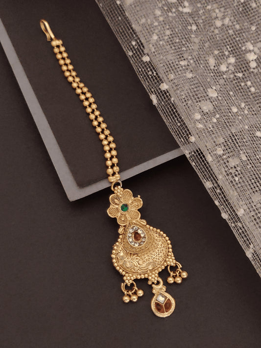 Traditional Antique Gold Maang Tikka | Floral Kundan Forehead Jewellery