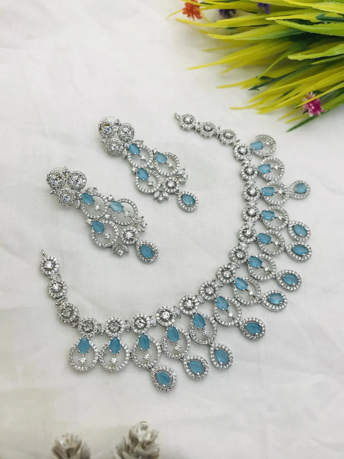 White Finish Blue Diamond Necklace Set BelliVelli