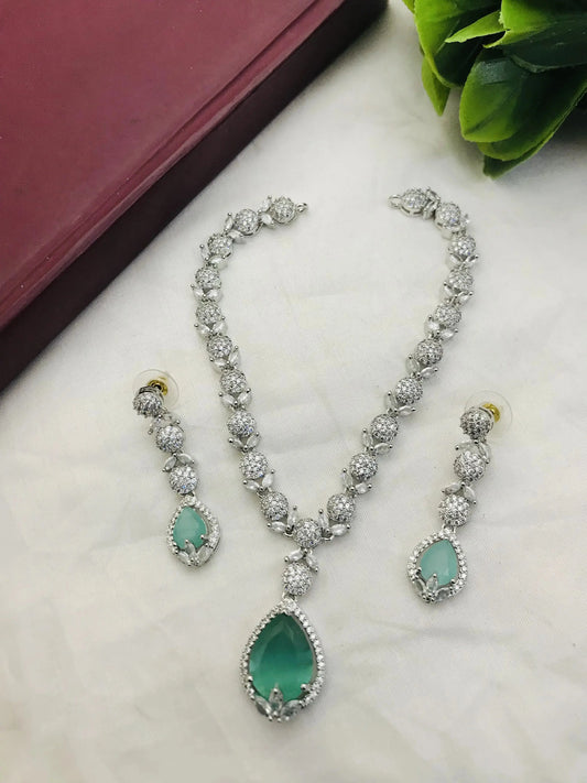 White Finish With Green Diamond Necklace Set