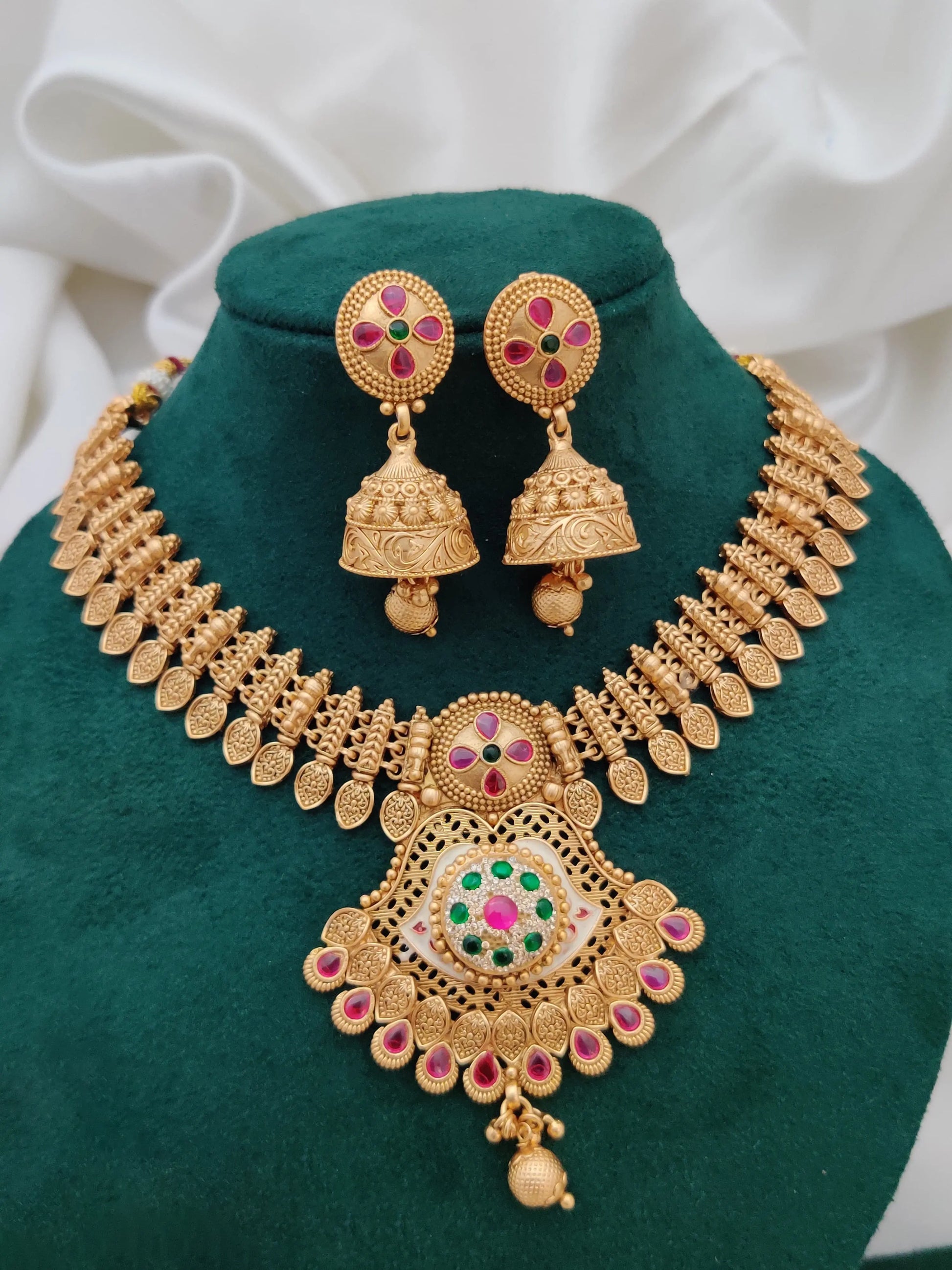Brass High Gold Antique Necklace Set With Earrings