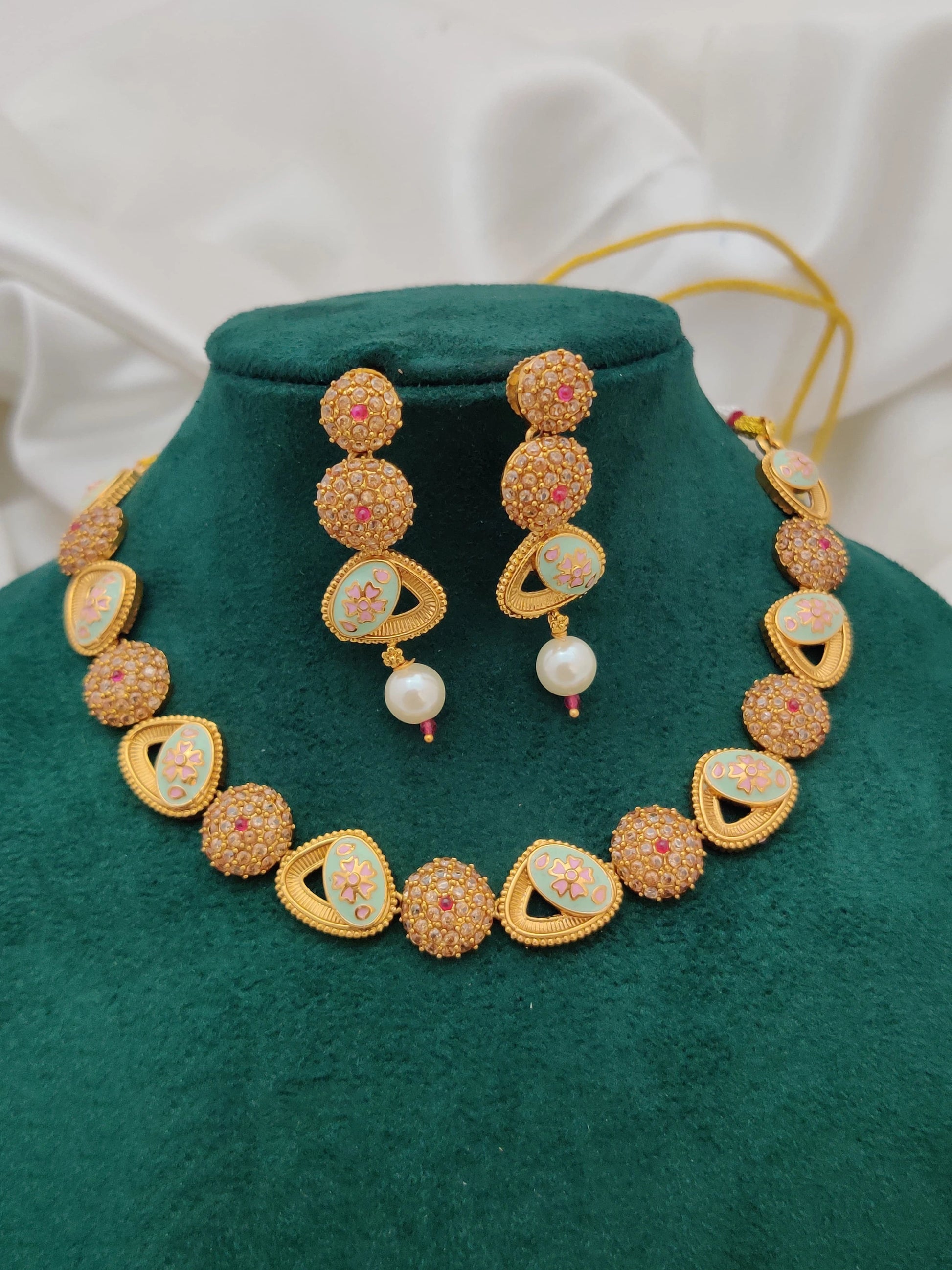 Fancy Brass High Gold Necklace Set With Earrings