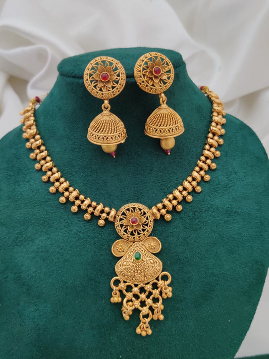 Ethnic Brass High Gold Necklace Set With Earrings For Women