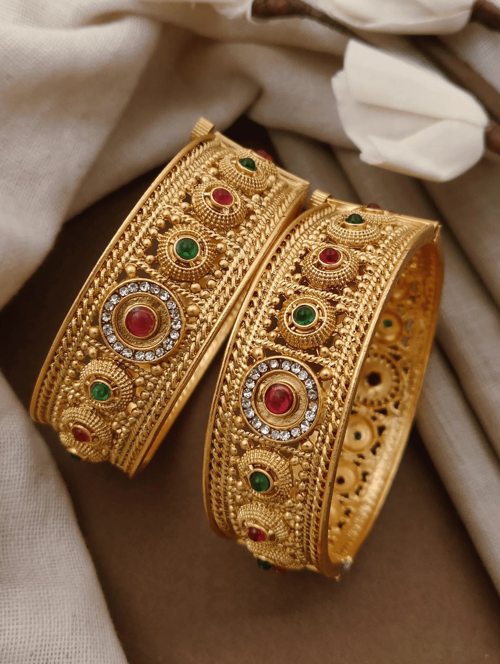 Antique Gold Finish Temple Design Bangles 