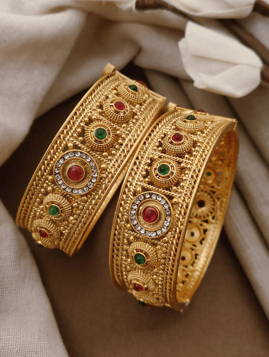 Antique Gold Finish Temple Design Bangles 