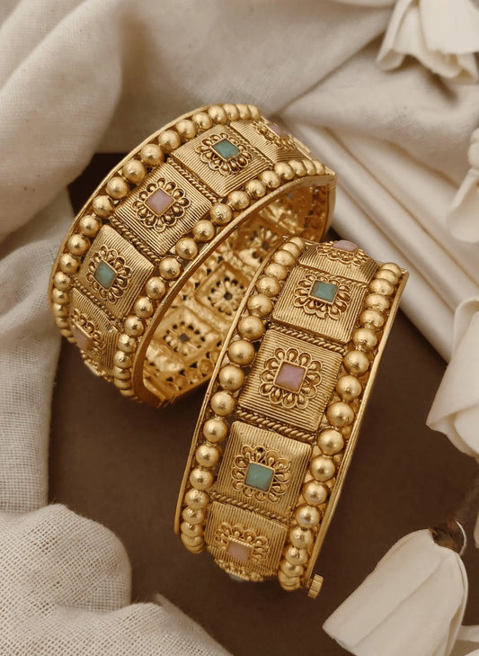 Elegant Antique Gold Plated Patla Bangles | Traditional Multicolor Stone Bangles for Women