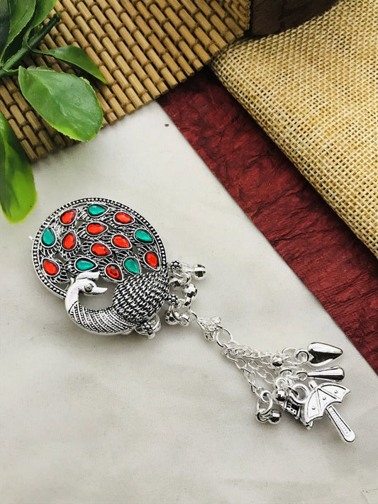 Silver Saree Pin With Peacock Design