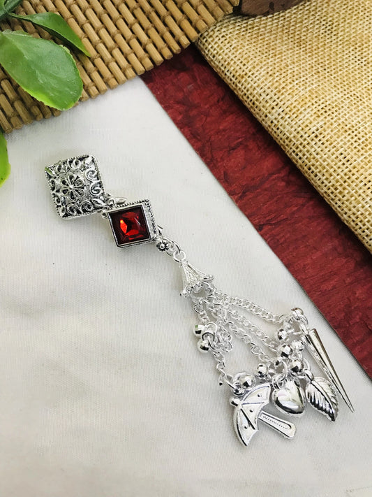 Classic Silver Saree Pin With Red Stone